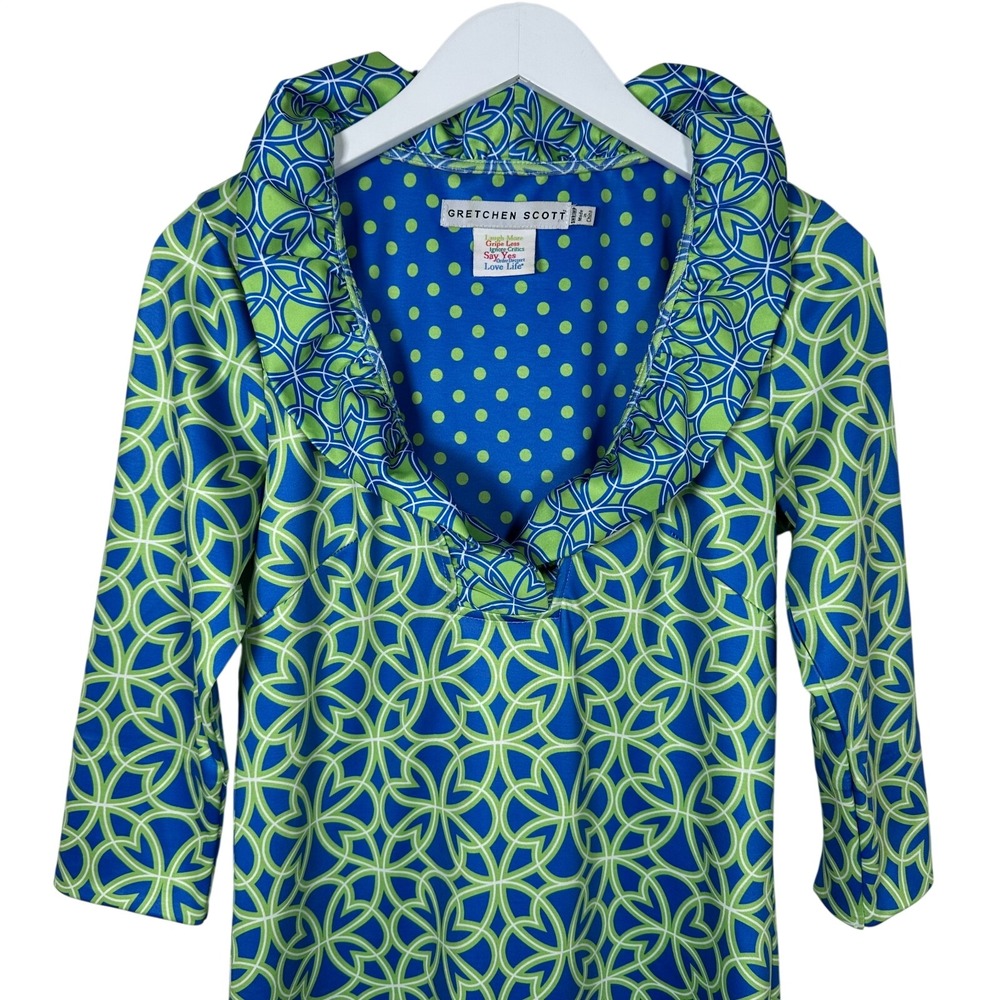 Gretchen Scott Dress Small Blue Green Ruffle Neck Jersey Geometric Stretch